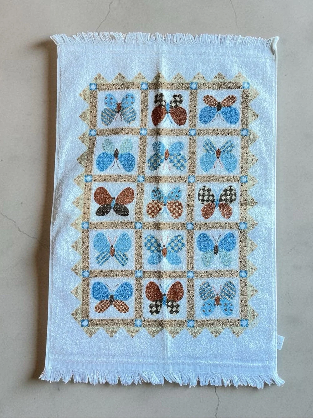 Vintage Butterfly Terry Hand Towel Fringed Retro 70s Blue Brown USA 24x15